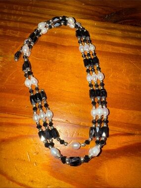 Triple Strand Black and Pearl Beaded Necklace